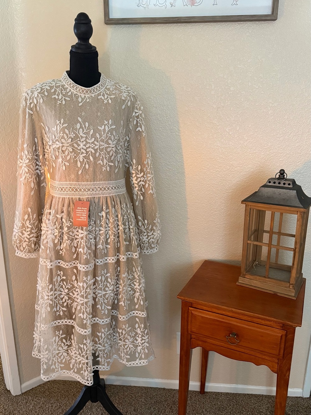 Ivy City Co Sheer Ivory Lace Midi Dress with Floral Embroidery